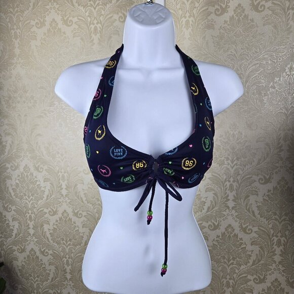 PINK Navy Blue Bikini Top Multi Color Logo Circle/Tie in Center Adj Neck Ties - Picture 1 of 12